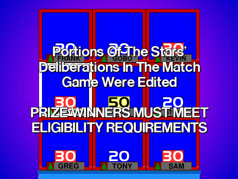 Portions of the stars' deliberations in the Match Game portion were edited.PRIZE WINNERS MUST MEET ELIGIBILITY REQUIREMENTS